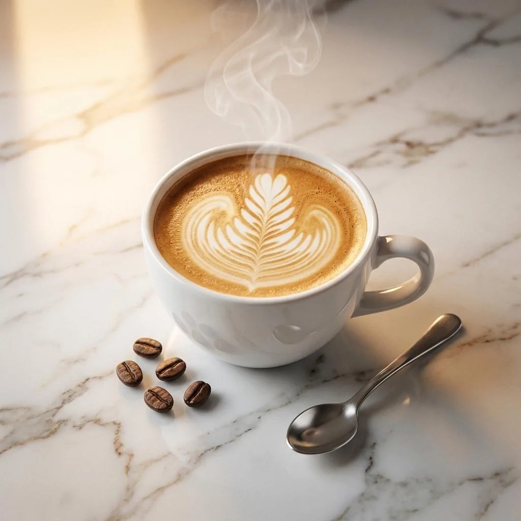 ZIO Caffè artisanal latte with rosetta art and roasted coffee beans
